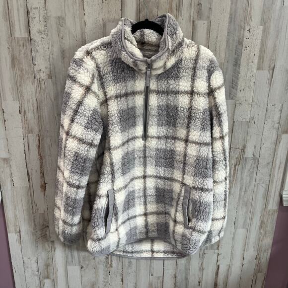 Abercrombie & Fitch Tops - Abercombie Soft A&F Gray Plaid Sherpa Quarter Zip Pullover XL Cozy Cabincore